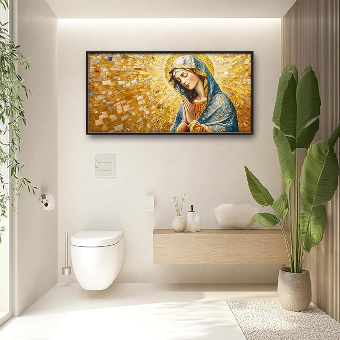 Extra Large Virgin Mary Framed Wall Art for Living Room,Oversized Golden Christian Religious Pictures Wall Decor,Canvas Print Painting Modern Artwork Bedroom Office Bathroom 60L" x 30W"-PurrikoPets
