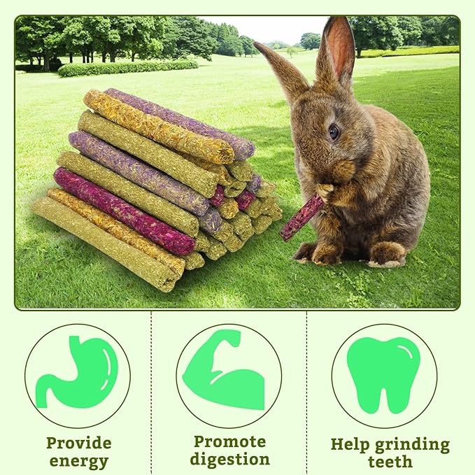 Fhiny 68 PCS Rabbit Chew Sticks, Natural Petals Timothy Hay Sticks Guinea Pig Chewing Toys for Teeth Small Animals Molar Snacks for Bunny Guinea Pig Chinchilla Hamster-PurrikoPets