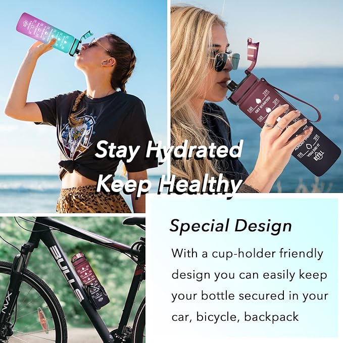 Enerbone Water Bottle, Leakproof BPA & Toxic Free, Motivational Water Bottle with Times to Drink and Straw, Fitness Sports Water Bottle with Strap for Office, Gym, Outdoor Sports-PurrikoPets