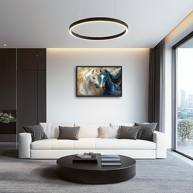 Framed Large Horse Wall Art for Living Room, Oversized Abstract Horses Wall Decor Blue and Golden Canvas Painting Animal Pictures Modern Artwork for Living Room Bedroom Office 36"x24"-PurrikoPets