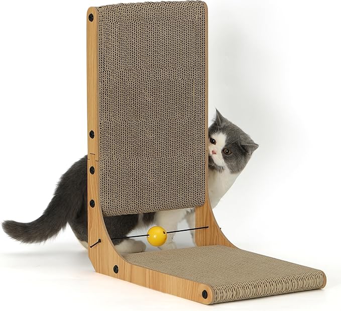 FUKUMARU Cat Scratcher, 18.9 Inch L Shape Cat Scratch Pad, Vertical Cat Scratcher Wall Mounted, Cat Scratching Cardboard with Ball Toy for Indoor Cats-PurrikoPets