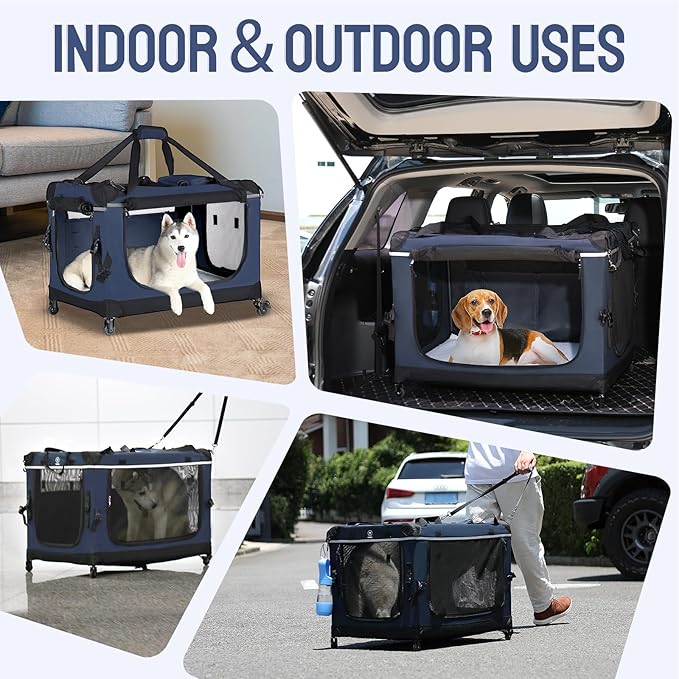 30IN Soft Collapsible Dog Crate w Detachable Wheels, Rolling Travel Dog Crate for Medium Breed Dogs, Portable Dog Kennel with Mesh Windows, Indoor & Outdoor Uses-PurrikoPets