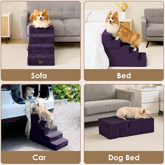 EHEYCIGA Dog Stairs for Bed 18" H, 4-Step Dog Steps for High Bed, Pet Steps for Small Dogs and Cats, Non-Slip Balanced Pet Ramp Indoor, Purple-PurrikoPets