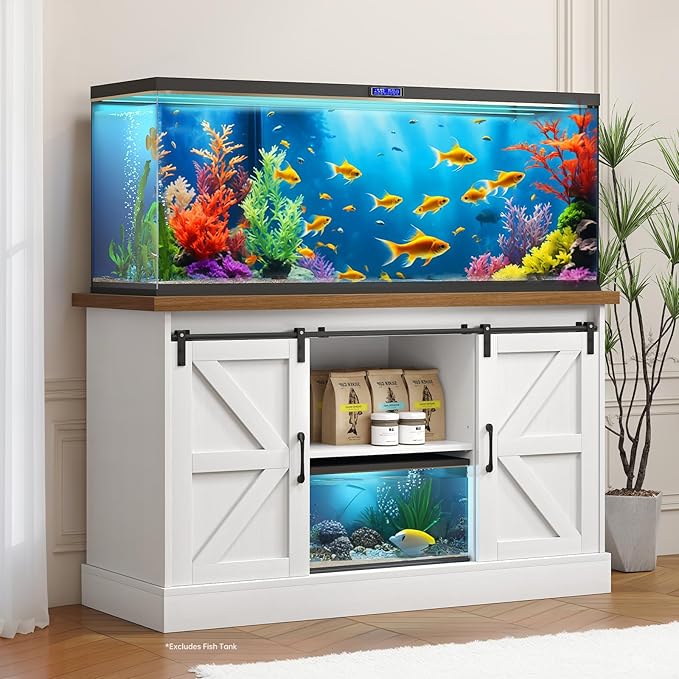 55-75 Gallon Fish Tank Stand with Sliding Barn Doors & Power Outlet, Heavy Duty Aquarium Stand with Cabinet Storage for Fish Tank, Turtle Tank, Reptile Terrarium, 1000LBS Capacity, White-PurrikoPets