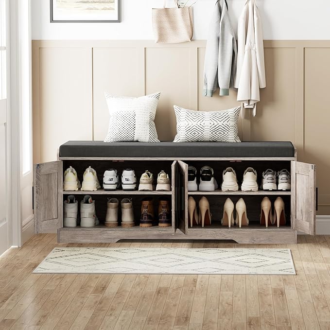 2-Tier Storage Bench, Shoe Bench with Thickened Padded Seat Cushion, Entryway Bench with 4 Doors, Adjustable Shelf, 13.8" D x 45.3" W x 18.5" H, for Entryway, Living Room, Bedroom, Greige-PurrikoPets