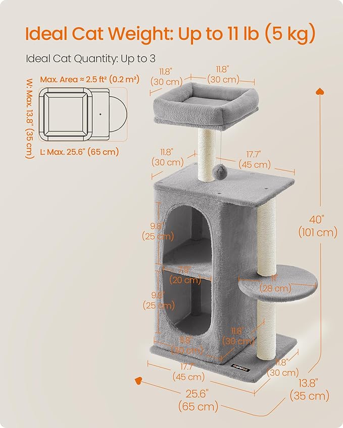 Feandrea Cat Tree Tower with 2 Caves for Multi-Cat Households, Kittens, Scratching Posts, Light Gray UPCT005G01-PurrikoPets