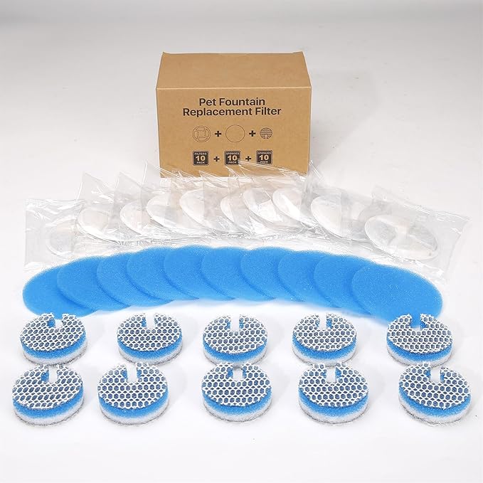 10 Set Cat Water Fountain Filters for 2L/67oz Round Stainless Steel Pet Water Fountain, ZEKIRY Pet Water Fountain Filters, Triple Filtration Replacement Filters(10 Filter, 10 Sponge, 10 8D Sponge)-PurrikoPets