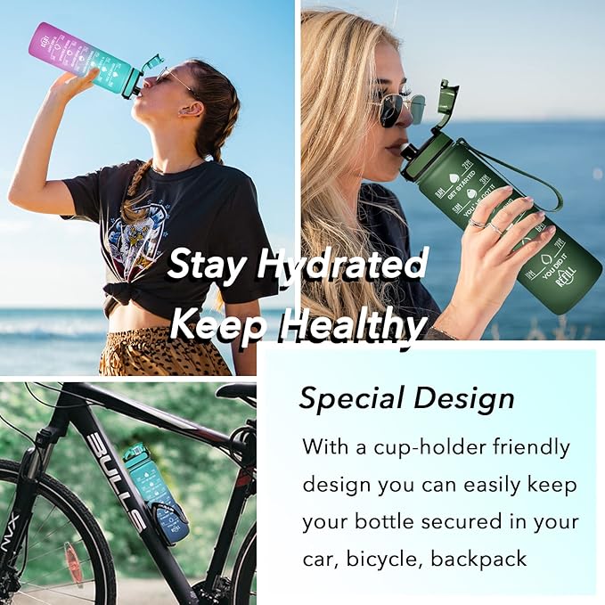 Enerbone Water Bottle, Leakproof BPA & Toxic Free, Motivational Water Bottle with Times to Drink and Straw, Fitness Sports Water Bottle with Strap for Office, Gym, Outdoor Sports-PurrikoPets