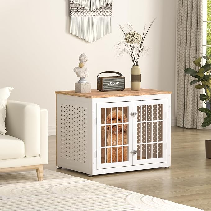 32" Heavy Duty Dog Crate Furniture for Small and Medium Dogs, Metal Kennel for High Anxiety Dogs, Chew Proof Pet Cage Indoor, Decorative Dog Kennel End Table, White-PurrikoPets