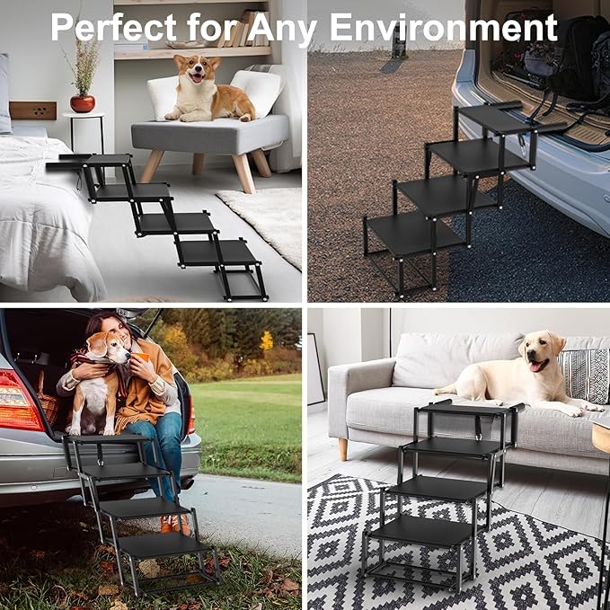 Extra Wide Dog Stairs for Large Dogs, Foldable Dog Ramp for Car with Non-Slip Surface, Lightweight Dog Stairs for Cars, Dog Steps for Cars, SUV, High Beds, Truck, Supports up to 250 lbs, 4 Steps-PurrikoPets