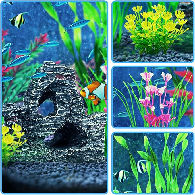 Fish Tank Accessories Aquarium Plants, 12pcs Colorful Fish Tank Artificial Plants and Cave Rock Decor Set, Aquarium Decorations Plants-PurrikoPets