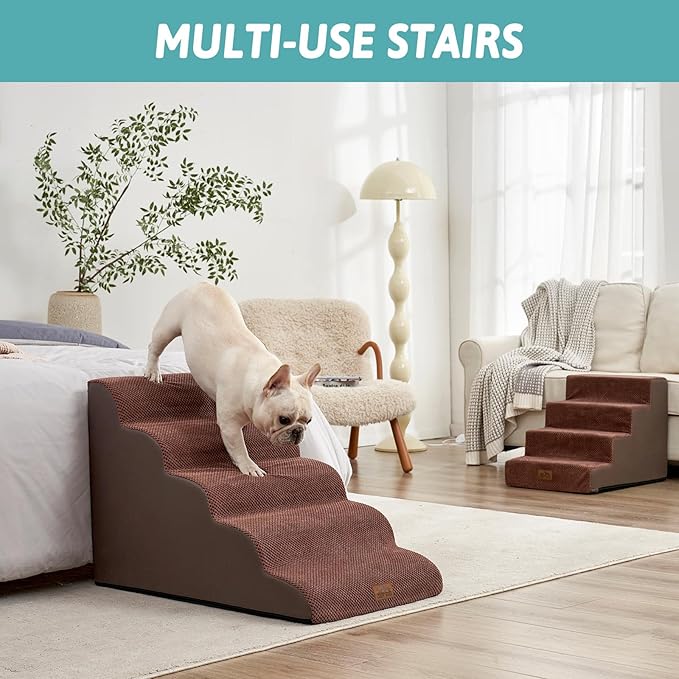Extra Wide Dog Stairs 19.7" Width, Large Pet Step for Small Medium Dog, Puppy or Cat, Ramp for High Bed or Car, High Density Foam Ladder, Stable, 5 Step, 19.7x33x22.4 inch, Brown-PurrikoPets