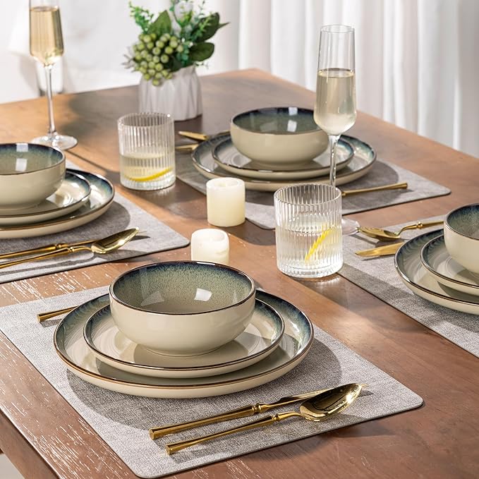 GBHOME Ceramic Dinnerware Sets for 4, 12 Pieces Stoneware Plates and Bowls Sets, Scratch Resistant Dishes, Dishwasher & Microwave Safe, Reactive Glaze-Gravel-PurrikoPets