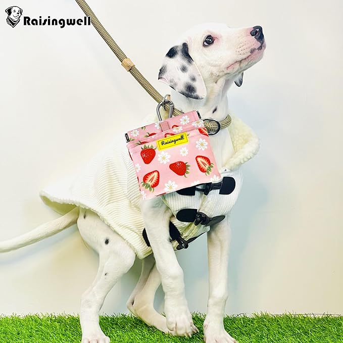 Dog Treat Pouch,Cotton Pocket Sized Training Holder, Hand Free Walking Funny Bag with Carabiner, Self-Closing Pet Feed Snack Reward, Behavior Aids for Puppy Travel or Outdoor Use(Strawberry)-PurrikoPets