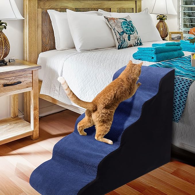 Dog Stairs&Steps for High Beds Up to 28'', 5-Step Dog Ramp for Small Medium Dogs with Washable Cover, Pet Steps for Cats to Get on Couch and Sofa, Durable Foam Ladders, 24.4" Tall, Blue-PurrikoPets