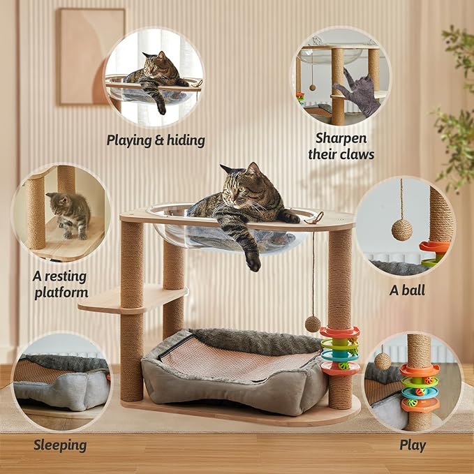 2 Tier Cat Tower,21.85 in cat Perch Wood cat condo with Hammock and Sisal Rope Scratcher Post Hanging Toy Balls for Indoor Large Cats Kittens (Grey)-PurrikoPets