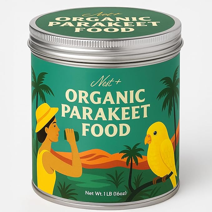 100% Organic Parakeet Food – Premium Bird Seed Mix with Oat Groats, Buckwheat, Amaranth, Super Veggies & Seeds – Reusable Tin + Stainless-Steel Scooper – Made in USA, Human Grade Ingredients (1lb)-PurrikoPets