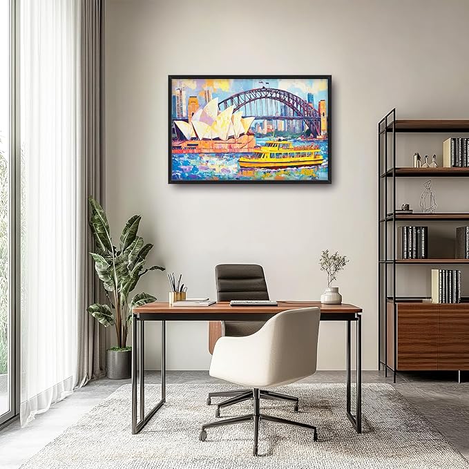 Extra Large Sydney Opera House Framed Wall Art for Living Room,Oversized Abstract Harbour Bridge Cityscape Pictures Wall Decor,Canvas Print Painting Modern Artwork Bedroom Office Bathroom 36L" x 24W"-PurrikoPets