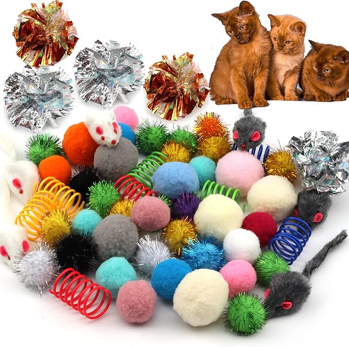 60 Pack Cat Toys - Assorted Kitten, Mouse, Crinkle & Pom Pom Balls-PurrikoPets
