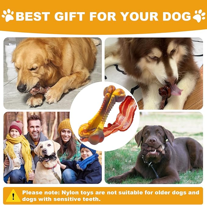 Dog Toys for Aggressive Chewers, Indestructible Dog Chew Toys for Large Medium Small Breed, Tough Nylon Interactive Durable Chew Toy Bone for Puppy Teething Toy Bacon Flavor, Best Gift&Keep Them Busy-PurrikoPets