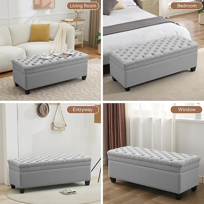 51" Fabric Storage Ottoman Bench, Upholstered Rectangle End of Bed Storage Ottoman Tufted Living Room Bedroom Bench with Safety Hinge, Solid Wood Legs, Loads 500 lb(Light Grey)-PurrikoPets