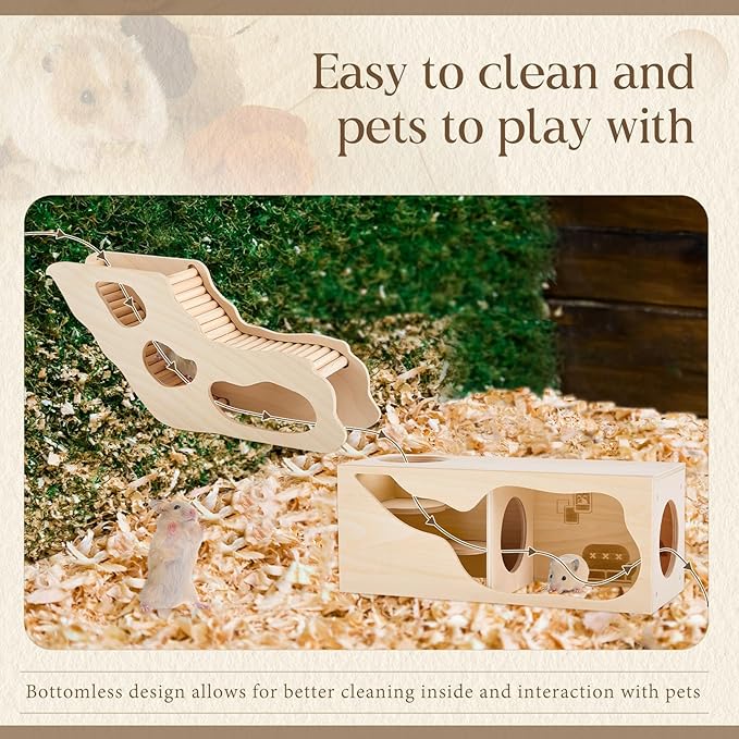 2 Pcs Hamster Houses and Hideouts Hamster Tunnel Set Wood House for Hamster with Climbing Ladder Exploring Tunnel Multi Chamber Maze for Small Animals Pets Gerbils Hedgehogs Rats Mice-PurrikoPets