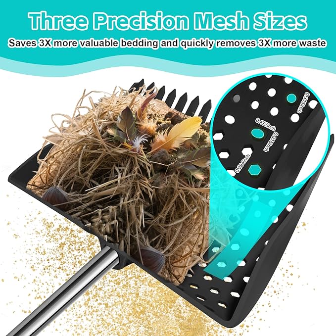12-Inch 2-in-1 Chicken Poop Scooper & Rake – US Patent Pending – 3-Shape Sifting Holes Chicken Coop Rake,Stainless Steel Handle (20–61")– Litter Scoop Sand & Sifting Shovel for Chicken Coops (Black)-PurrikoPets