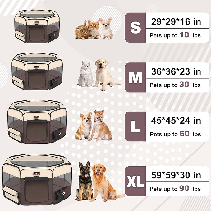 Aivituvin Dog Playpen, Foldable Pet Play Pens with Carrying Bag for Cat, Puppies, Rabbits, Portable Dog Tent Crates Cage for Travel Camping Indoor Outdoor, Removable Shade Cover, Brown S-PurrikoPets