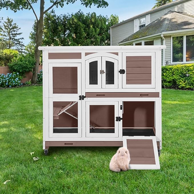 Aivituvin Rabbit Hutch Indoor, Bunny Cage with Wheels, 2-Story Design, 2 Deep Trays, Anti Slip Ramp, Ideal for Small Animals - Brown-PurrikoPets