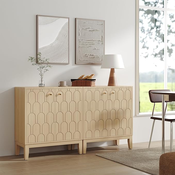 Farmhouse Storage Cabinet, Modern Buffet Sideboard with Doors, Fish Scale Pattern, Boho Cabinet for Dining Room, Natural, 2 Pieces-PurrikoPets