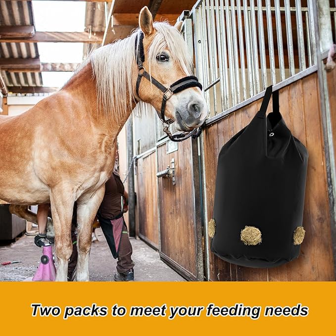 2 Pcs hay Bags for Horses Goats Slow Feed 1680D Oxford Bag Black Large Capacity Net Open Feed Hole Hay Holder for Horse Goats Sheep(5 Holes)-PurrikoPets