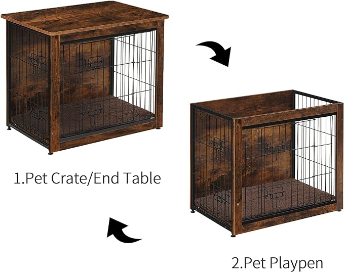 DWANTON Dog Crate Furniture with Cushion, Wooden Kennel Table with Double Doors, Indoor Dog House, Medium Size, 32.5" L, Rustic Brown-PurrikoPets