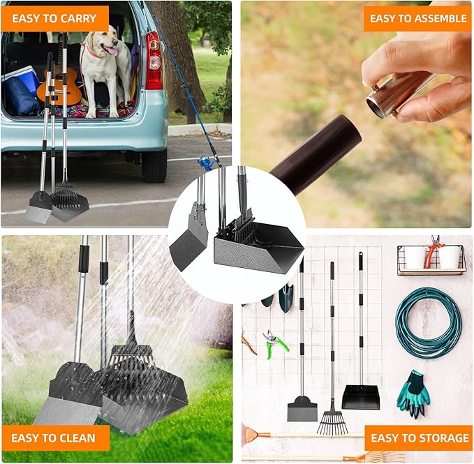 Dog Pooper Scooper, Adjustable Handle Poop Scooper with Tray,Rake and Spade Set of 3, Steel Stainless Poop Scoop for Small Medium Dogs and Pet Waste on Grass, Dirt and Gravel (Medium Size)-PurrikoPets