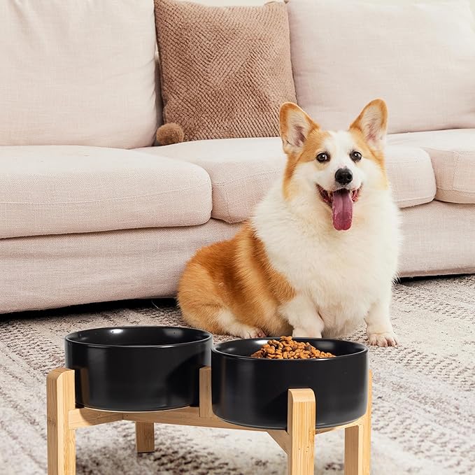 Elevated Ceramic Dog Bowl Set - Raised Dog Bowls with Non-Slip Bamboo Stand - Dog Food and Water Bowl Set - Double Dog Feeding Bowls - Suitable for Small and Medium Dogs - 28.74 OZ - 3.6 CUPS - 850 ML-PurrikoPets