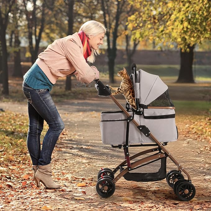 3-in-1 Foldable Pet Stroller for Medium Dogs & Cats (50lbs) - Detachable Carrier, Car Seat, Storage Basket, 5" Lockable Wheels-PurrikoPets