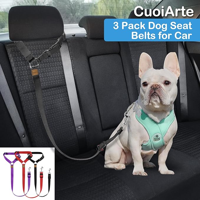 3 Pack Dog Seat Belt for Car, Car Headrest Restraint Adjustable Nylon Fabric, Dog Restraints Vehicle Seatbelts Harness (Black & Red & Purple)-PurrikoPets