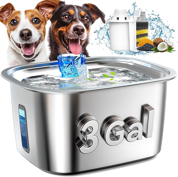 Dog Water Fountain for Large Dogs Stainless Steel, 3Gal Extra Large Dog Water Bowl Dispenser with 2 Filters & Visual Window, Automatic Filtered Pet Fountain Indoor, Quiet Safe Pump with LED Indicator-PurrikoPets