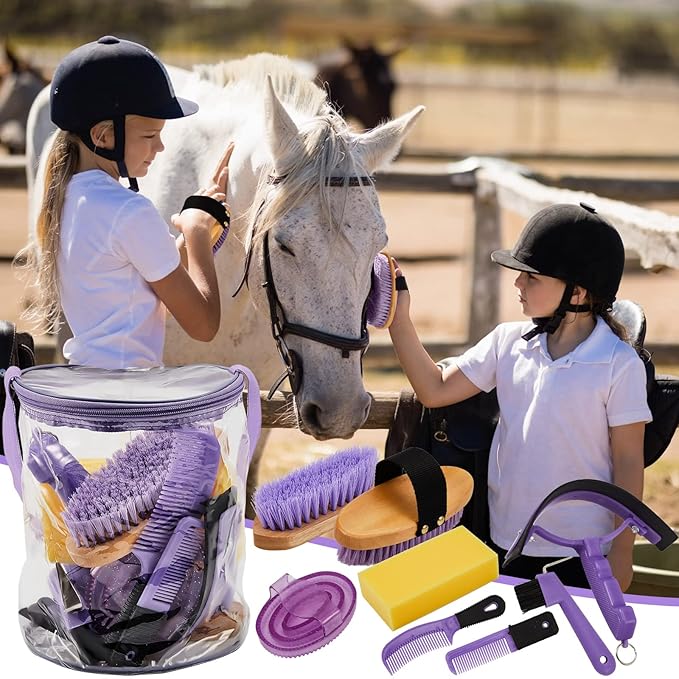 9 Pieces Horse Grooming Kit Tack Room Supplies Set with Organizer Tote Bag, Oval Massage Curry, Hard and Soft Brush, Hoof Pick, Sweat Scraper, Bathing Sponge, Combs for Horse Riders Beginners (Purple)-PurrikoPets