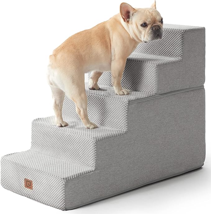 EHEYCIGA Dog Stairs for High Bed 22.5" H, 5-Step Dog Steps for Bed, Pet Steps for Small Dogs and Cats, Non-Slip Balanced Pet Ramp Indoor, Light Grey-PurrikoPets