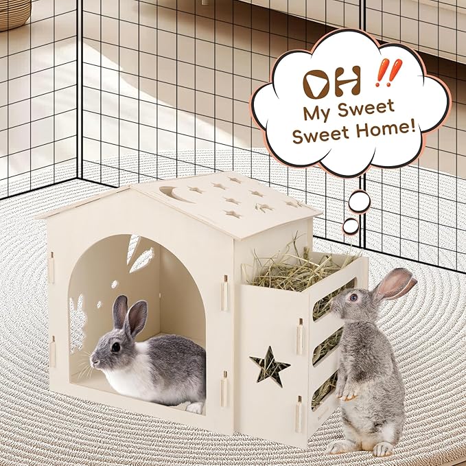 Extra Large Rabbit House & Rabbit Hay Feeder, Indoor Bunny Hideout with Feeder, Small Animal Houses & Habitats and Guinea Pig Hay Feeder-PurrikoPets