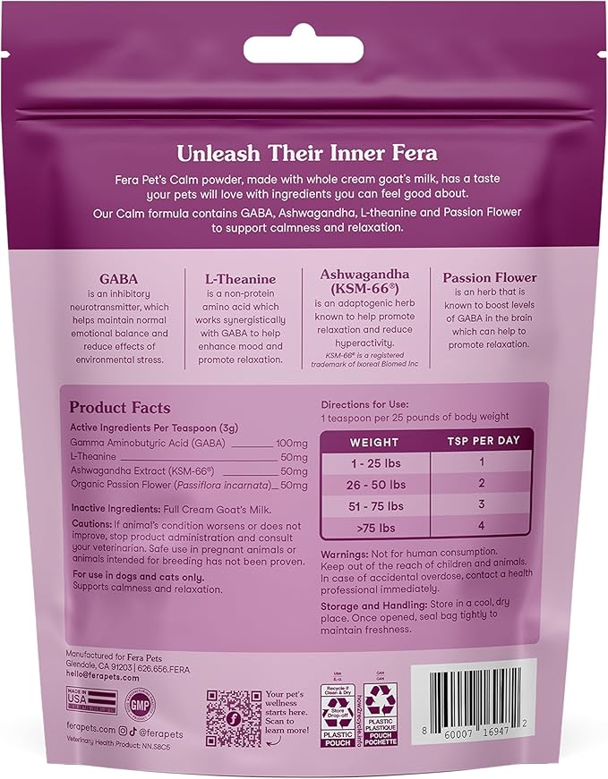 Fera Pets Goat Milk - Calming Supplement for Dogs & Cats - Ashwagandha, L-Theanine, & Passion Flower - Supports Anxiety Relief & Relaxation - for Picky Eaters - 60 TSP-PurrikoPets