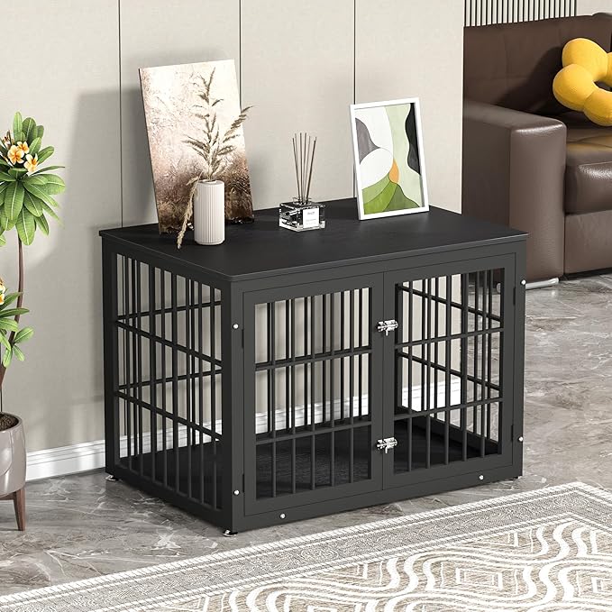 42 Inch Heavy Duty Dog Crate Furniture for Large and Medium Dogs, Decorative Pet House End Table, Wooden Cage Kennel Furniture Indoor, Black-PurrikoPets