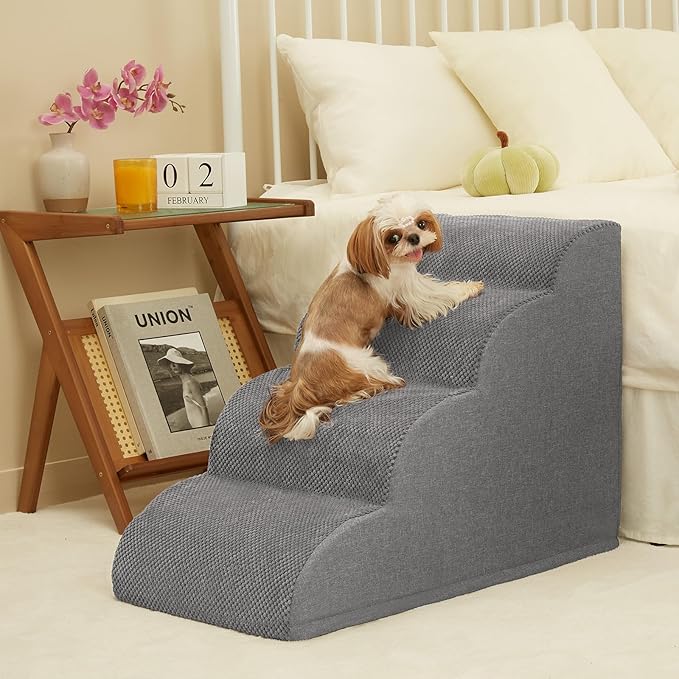Dog Stairs, Romrol Dog Steps Ramp for High Bed and Couch, Dogs Ramp with Durable Non-Slip Waterproof Fabric Cover, Pet Stairs for Small Dogs and Cats or Pets Joints, 4-Tiers,Grey-PurrikoPets