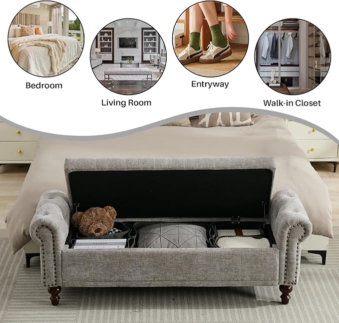 58.1'' Storage Bench Upholstered Chenille End of Bedroom Bed Bench Ottoman with Tufted Cushioned Rolled Arm Large Storage Space for Reading Living Room Entryway, Light Grey-PurrikoPets