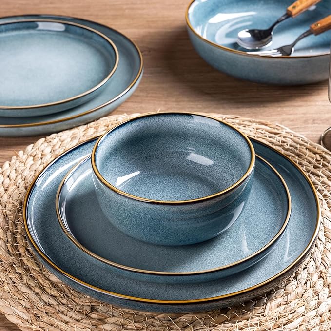 GBHOME Ceramic Dinnerware Sets for 6, 18 Pieces Stoneware Plates and Bowls Sets, Scratch Resistant Dishes, Dishwasher & Microwave Safe, Space Blue-PurrikoPets