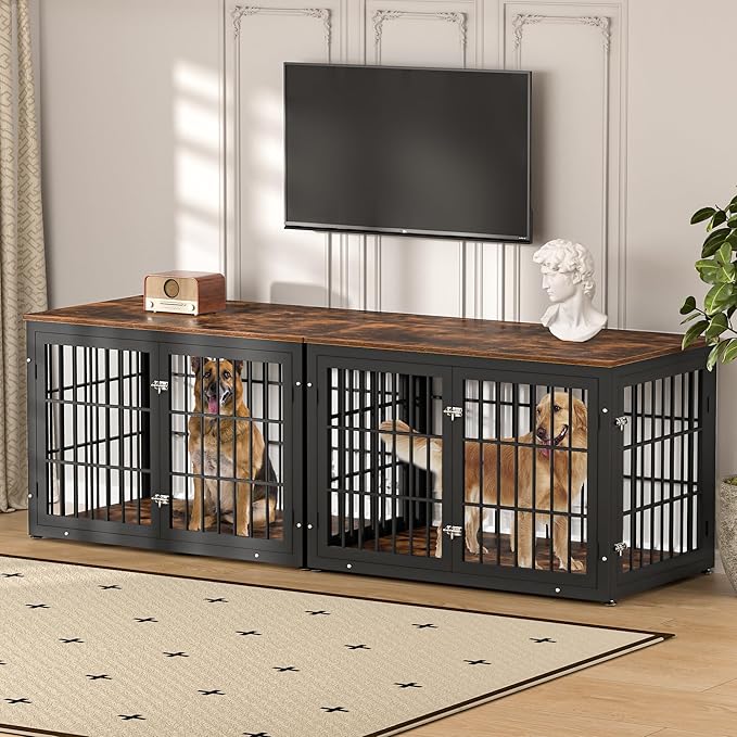 48 Inch Rustic Heavy Duty Dog Crate Furniture for Extra Large Dogs, Decorative Pet House End Table, Wooden Cage Kennel Furniture Indoor, Black and Brown-PurrikoPets