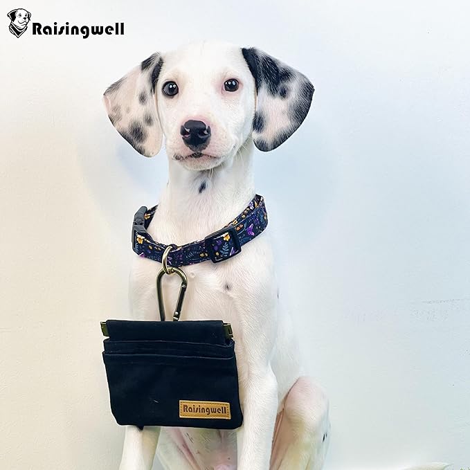 Dog Treat Pouch, Black Pocket Sized Pet Training Pouch, Cotton Fabric, Hand Free Dog Walking Bag with Carabiner, Self-Closing Pet Feed Snack Reward, for Pet Puppy Travel or Outdoor Use-PurrikoPets