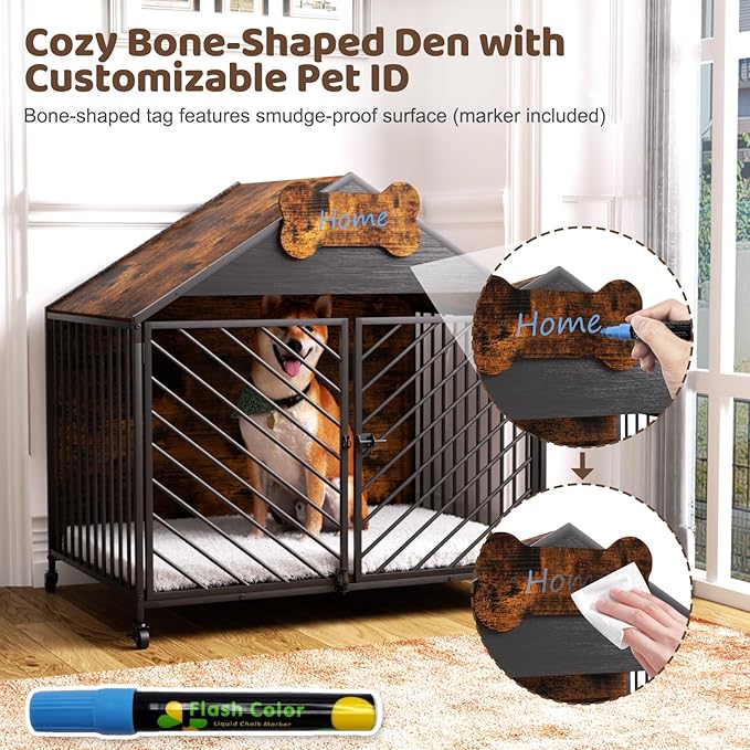 Furniture-Style Dog Crate with Gable Roof Design, Double Locking Doors Indoor Kennel for Small & Medium Dogs, Chew-Proof Escape-Proof Dog Cage, Rustic Brown-PurrikoPets