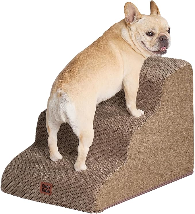 EHEYCIGA Curved Dog Stairs Ramp for Small Dogs 15.7" H, 3-Step Dog Steps for Couch Sofa and Chair, Pet Stairs for Cats, Non-Slip Balanced Pet Steps Indoor, Camel-PurrikoPets