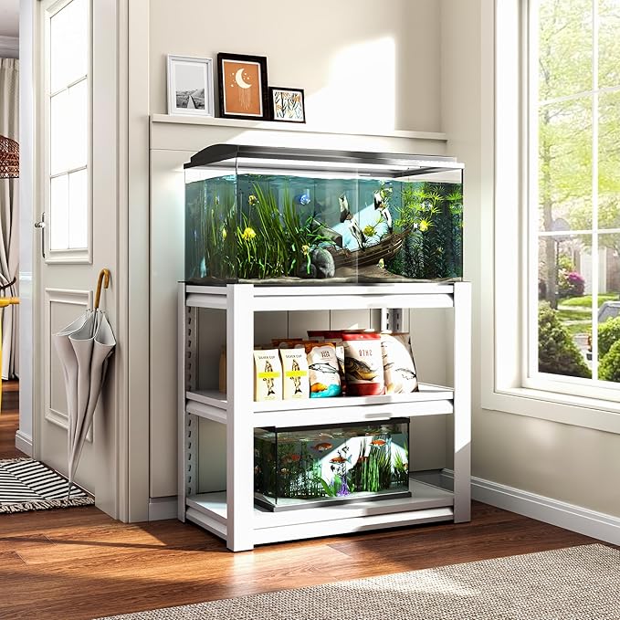 Fish Tank Stand White,3-tier Rack Shelf heavy duty Metal Frame Aquarium Stand 20 Gallon,Reptile Terrarium Stand for 30 Gallon Long Aquarium,Reptile Tank Stand,Breeder Tank Stand,31.5"*18"*34"-PurrikoPets